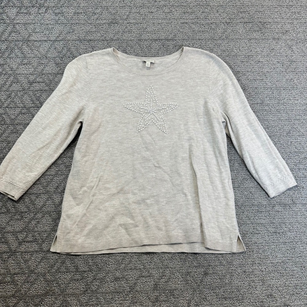 Talbots Sweater Womens Medium‎ Tan Star Beachy Cruise 3/4 Sleeve Pullover